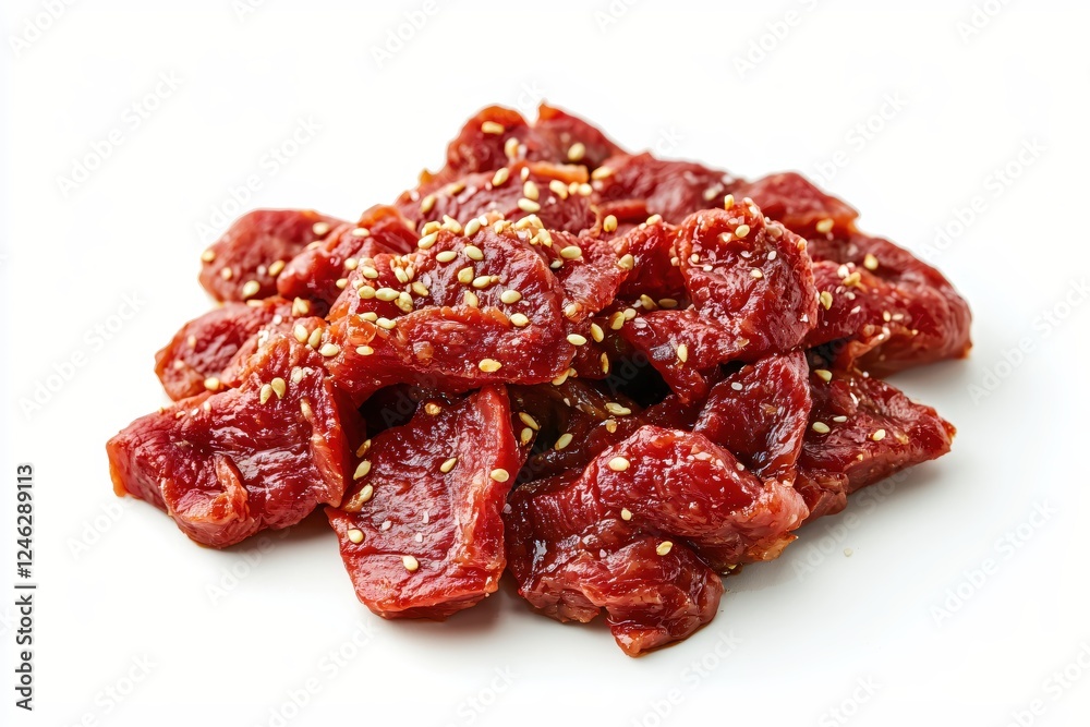 Delicious marinated beef cubes with sesame seeds on white background perfect for cooking Delicious marinated beef cubes with sesame seeds on white background perfect for cooking