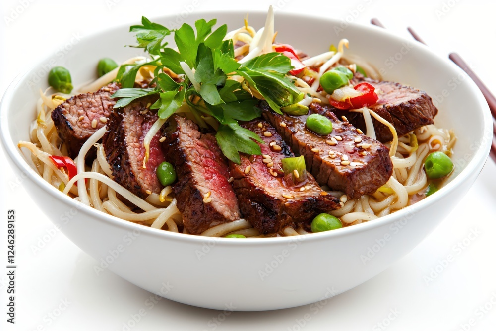 Delicious beef noodle bowl with fresh vegetables and sesame seeds on a white background Delicious beef noodle bowl with fresh vegetables and sesame seeds on a white background
