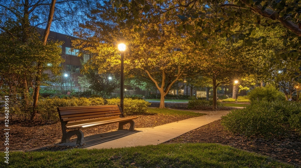 Fototapeta premium Night park scene: empty bench, illuminated path, trees.