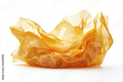 Abstract Amber Delight Translucent Plastic Sheet Crumpled on White Background Studio Shot