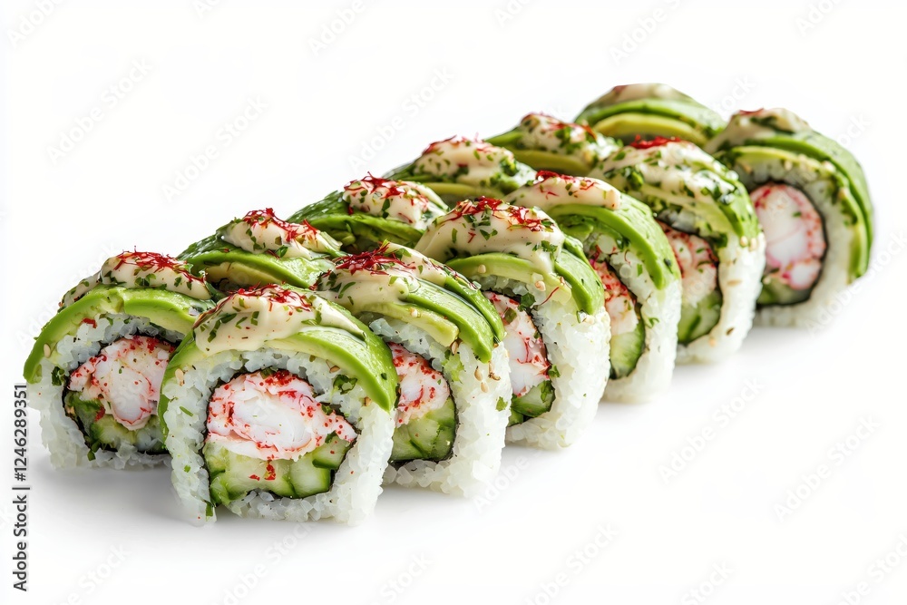Delicious Avocado Sushi Roll with Crab and Cucumber on a White Background Food Photography Delicious Avocado Sushi Roll with Crab and Cucumber on a White Background Food Photography