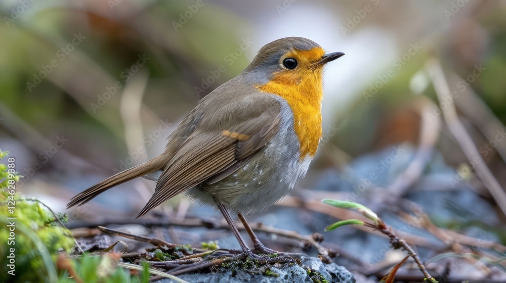 A close-up of a vibrant robin perched on a mossy rock, surrounded by soft, blurred foliage A close-up of a vibrant robin perched on a mossy rock, surrounded by soft, blurred foliage