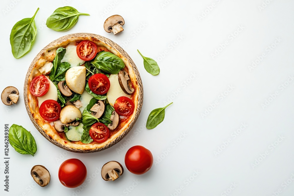 Delicious pizza with fresh basil cherry tomatoes and mozzarella on a white background Delicious pizza with fresh basil cherry tomatoes and mozzarella on a white background