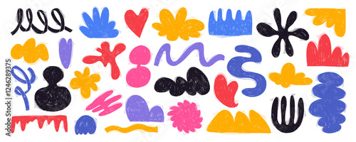 Colorful Funny Abstract Grunge Shapes with, Pencil Geometric Drawings with Hand Drawn Texture. Cute and funny stickers