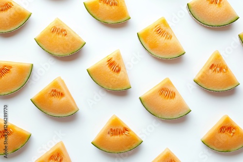 Fresh cantaloupe slices arranged in a vibrant pattern on a clean white surface creating a bright mood