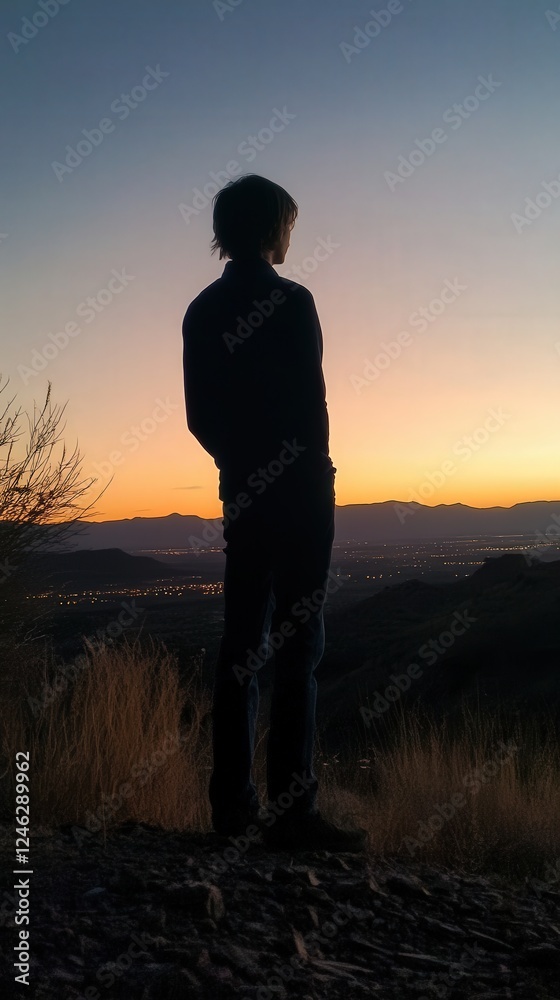 A contemplative young adult standing on a hilltop at dusk, silhouetted against the horizon. A contemplative young adult standing on a hilltop at dusk, silhouetted against the horizon.