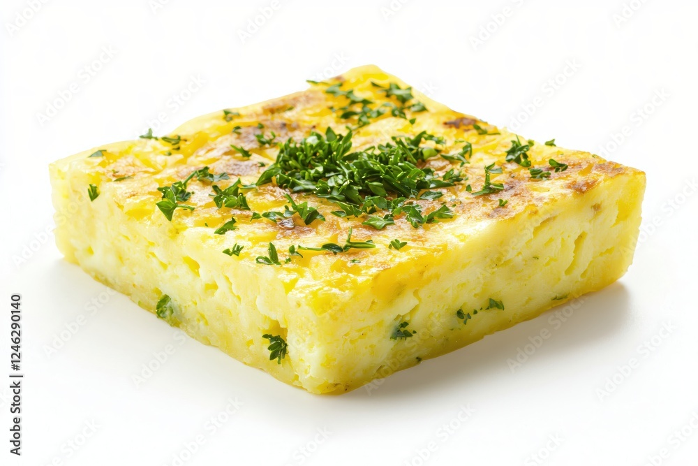 Delicious spanish tortilla square with parsley garnish on a clean white background Delicious spanish tortilla square with parsley garnish on a clean white background
