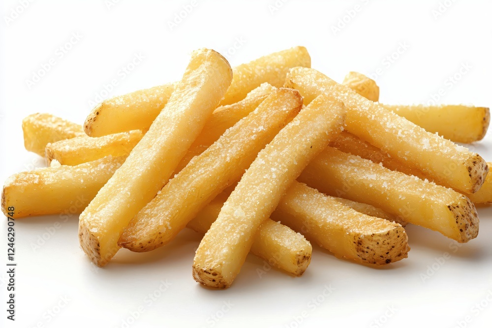 Golden and Crispy French Fries Delightful Pile of Fried Potato Sticks on White Background Golden and Crispy French Fries Delightful Pile of Fried Potato Sticks on White Background