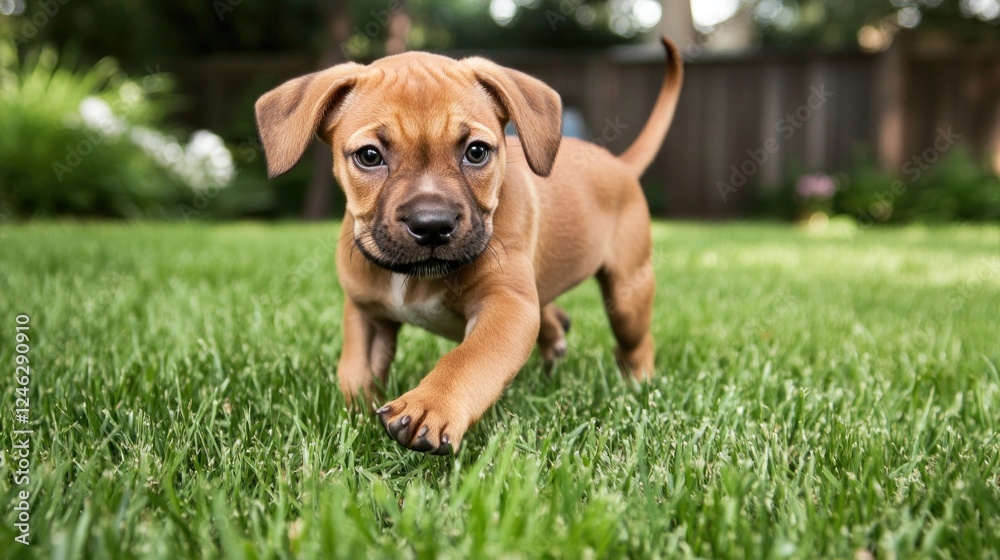Adorable Brown Puppy Playing in Lush Green Grass Adorable Brown Puppy Playing in Lush Green Grass