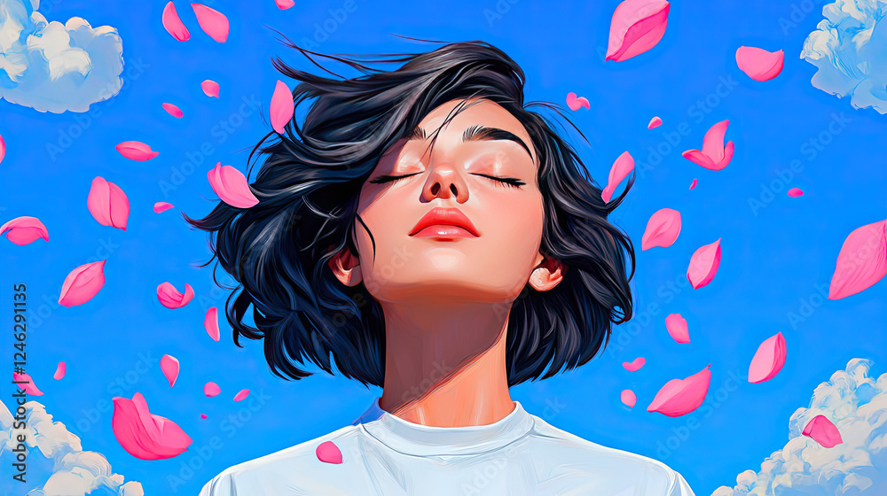 Serene Woman with Pink Petals Against a Vibrant Blue Sky Serene Woman with Pink Petals Against a Vibrant Blue Sky