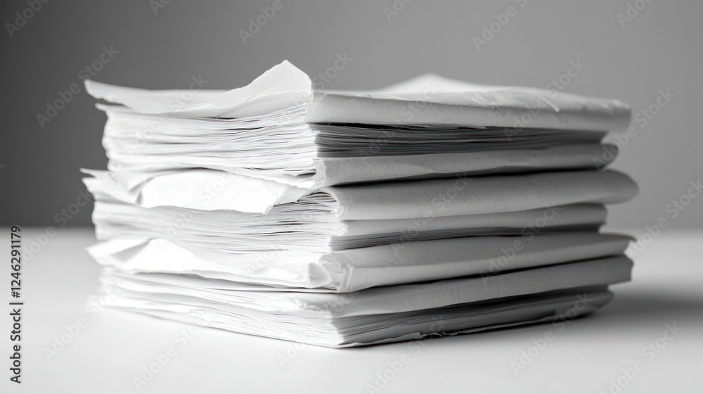 Office paper stack, desk, grey background, paperwork Office paper stack, desk, grey background, paperwork