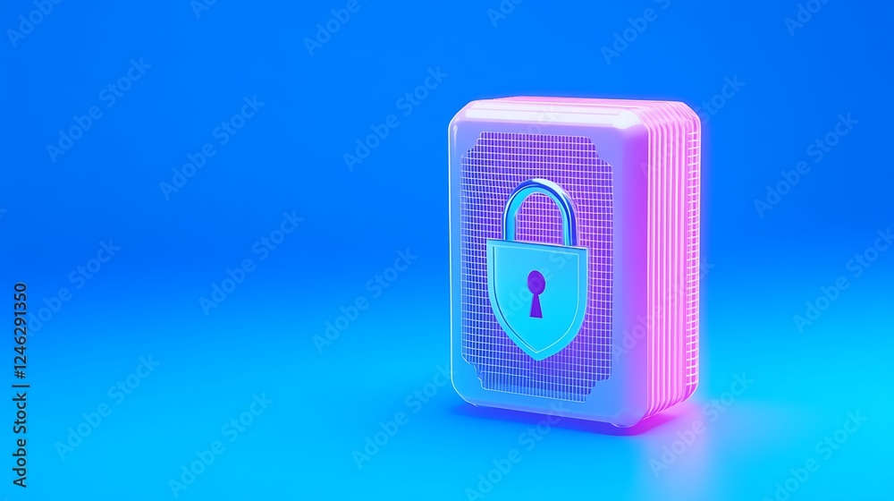 3D illustration of a glowing secure box with a padlock symbol on a vibrant blue and purple background 3D illustration of a glowing secure box with a padlock symbol on a vibrant blue and purple background