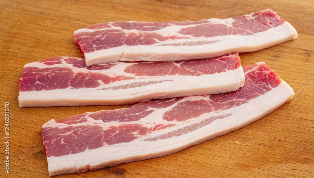 Three slices of raw bacon on wood. Recipe ingredient, food photography Three slices of raw bacon on wood. Recipe ingredient, food photography