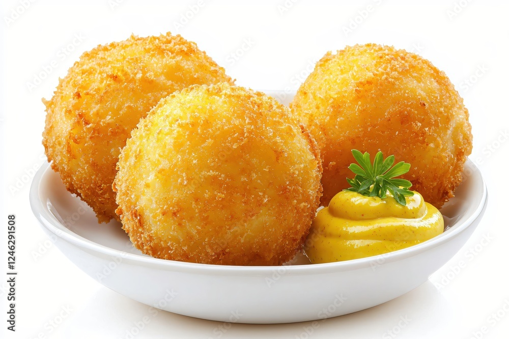 Golden Fried Arancini Balls with Mustard and Parsley in a White Bowl on a White Background Golden Fried Arancini Balls with Mustard and Parsley in a White Bowl on a White Background