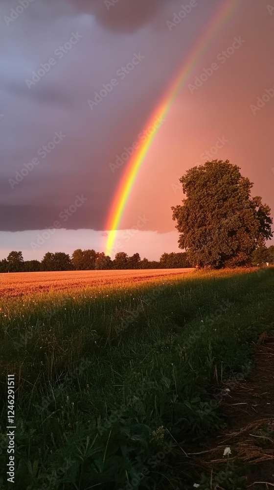 Rainbow arches over field, tree, and vegetation. Rainbow arches over field, tree, and vegetation.