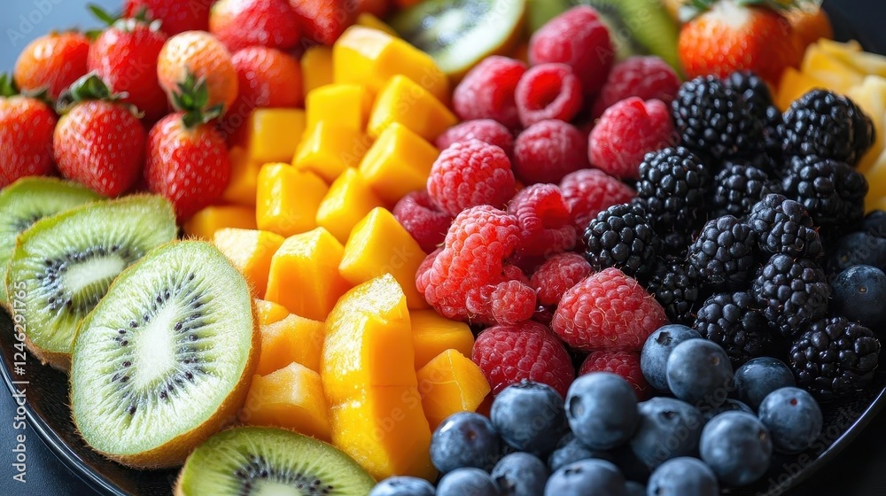 Fresh fruit platter, close-up of vibrant fruits neatly arranged on a platter