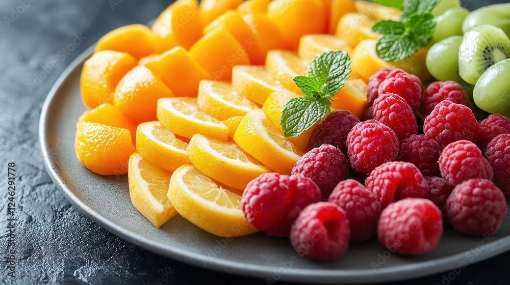 Fresh fruit platter, close-up of vibrant fruits neatly arranged on a platter Fresh fruit platter, close-up of vibrant fruits neatly arranged on a platter