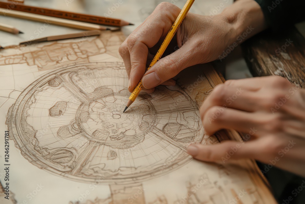 A detailed shot of hands sketching a sustainable building design, using pencils and rulers for precision.