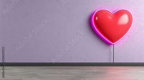 Red Neon Heart Sign on Lilac Wall Minimalist Interior Design