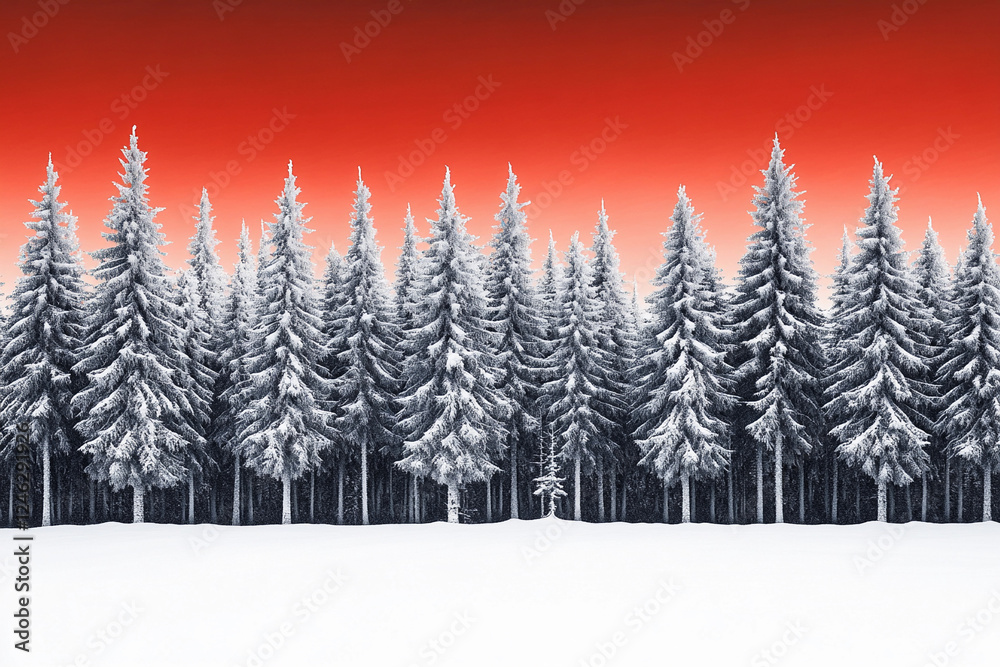 Obraz premium Winter forest under dramatic red sky at dusk creates a striking contrast in the snowy landscape