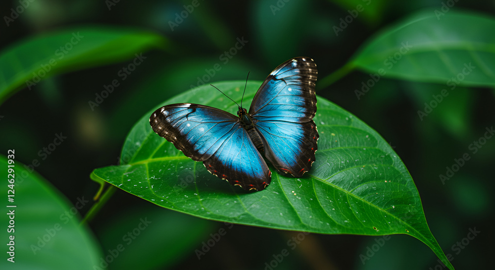 A vibrant blue butterfly resting on a lush green leaf in a tropical setting A vibrant blue butterfly resting on a lush green leaf in a tropical setting