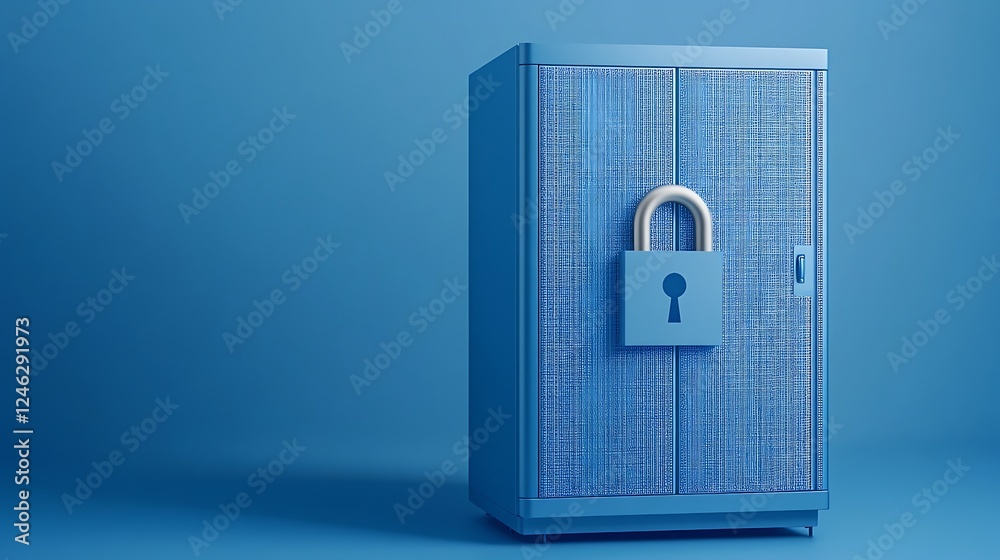 Blue Cabinet with a Lock Featuring a Simple Design and Clean Lines on a Solid Blue Background Blue Cabinet with a Lock Featuring a Simple Design and Clean Lines on a Solid Blue Background