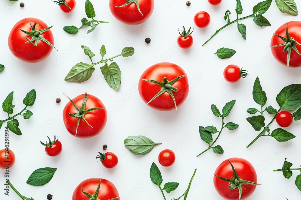 Fresh Tomatoes and Basil Leaves on White Background A Vibrant Flat Lay of Healthy Ingredients Fresh Tomatoes and Basil Leaves on White Background A Vibrant Flat Lay of Healthy Ingredients
