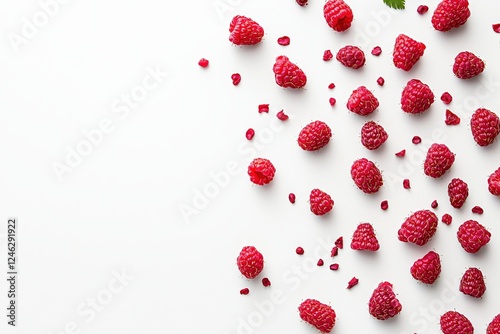 Fresh Raspberries Scattered on White Backdrop Creating a Vibrant and Appetizing Composition