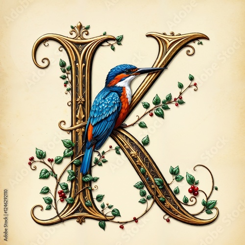 Mittelalterliche Initiale „K“ auf gealtertem Pergament. Goldene Ornamente und verschlungene Muster verzieren den Buchstaben. Ein Eisvogel sitzt auf dem „K“, umrankt von Efeu mit roten Beeren. photo