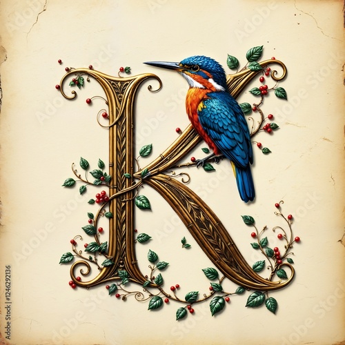 Mittelalterliche Initiale „K“ auf gealtertem Pergament. Goldene Ornamente und verschlungene Muster verzieren den Buchstaben. Ein Eisvogel sitzt auf dem „K“, umrankt von Efeu mit roten Beeren.