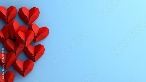 Red Paper Hearts on Light Blue Background