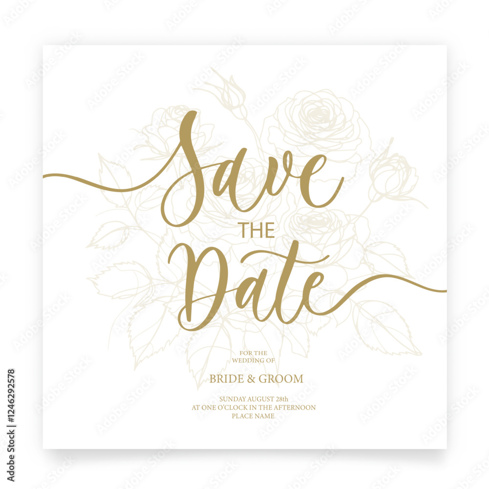 Naklejka premium Save the date card. Wedding invitation template, with flower of rose and leaves in line. Minimalism style with calligraphy.