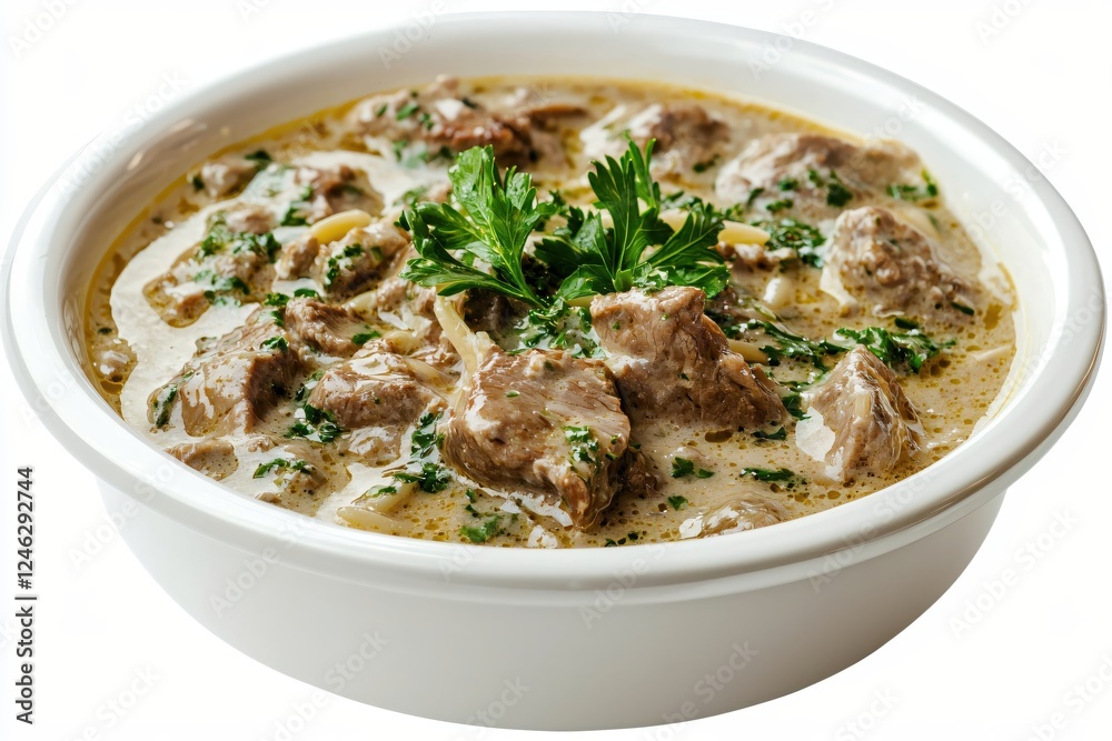 Creamy beef stroganoff in white bowl with parsley garnish a culinary delight close up view Creamy beef stroganoff in white bowl with parsley garnish a culinary delight close up view