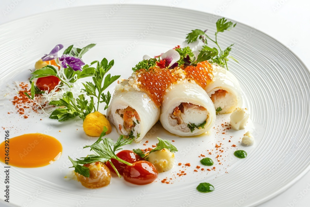 Exquisite Seafood Rolls with Caviar and Fresh Herbs on a White Plate Culinary Art Exquisite Seafood Rolls with Caviar and Fresh Herbs on a White Plate Culinary Art