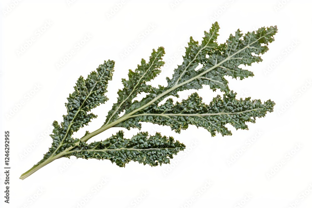 Isolated lacy leaf of cavolo nero kale on white background showcasing its texture and form Isolated lacy leaf of cavolo nero kale on white background showcasing its texture and form