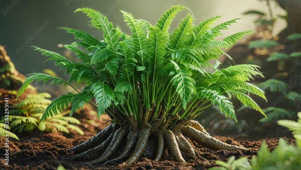 Lush green fern plant thriving in the rich soil, sunlight illuminating its vibrant foliage. A stunning display of nature's beauty. Lush green fern plant thriving in the rich soil, sunlight illuminating its vibrant foliage. A stunning display of nature's beauty.