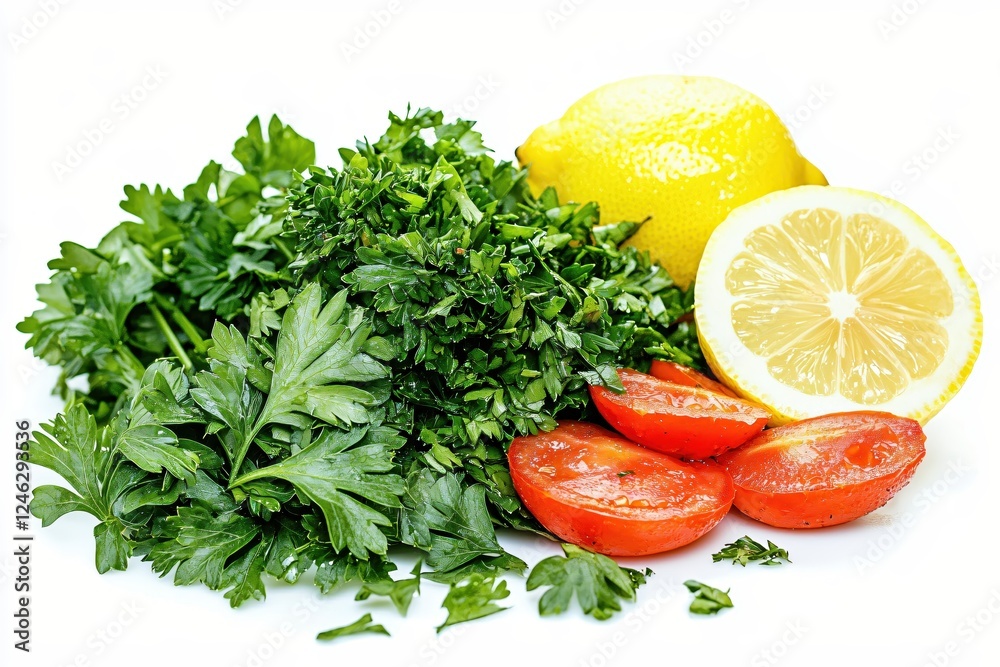 Fresh ingredients vibrant display of parsley lemon and tomato on a clean white background Fresh ingredients vibrant display of parsley lemon and tomato on a clean white background