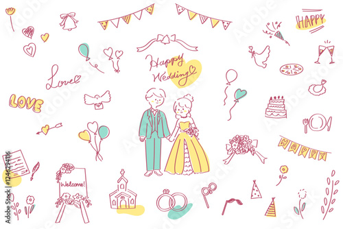 手描き線画のかわいいウェディングのイラストやアイコンのセット　イエロー&グリーン