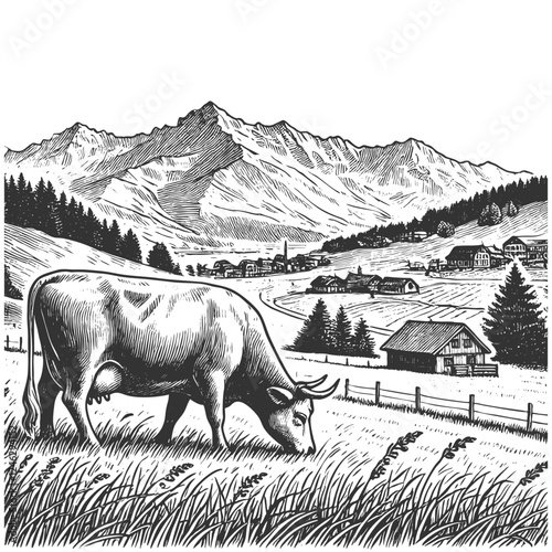 cow grazing in an alpine meadow, with mountains, a farmhouse, and wildflowers in the background, drawn in an engraved style sketch engraving generative ai vector. Scratch board. Black and white image.