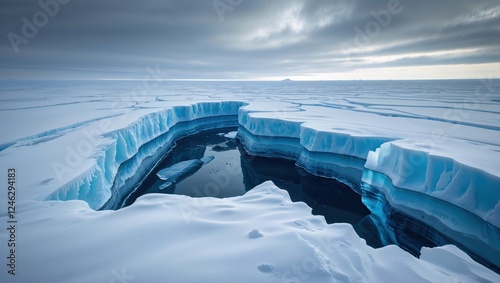 A breathtaking view of a crevasse in a vast expanse of sea ice. The deep blue water contrasts beautifully with the white and light blue of the ice, creating a stunning winter landscape. photo