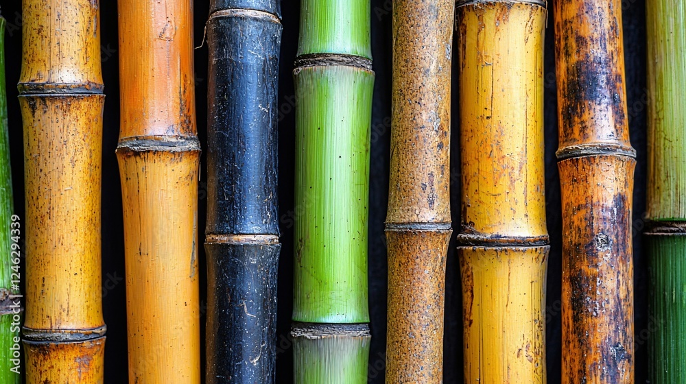 Colorful bamboo stalks, close-up texture, dark background, nature design Colorful bamboo stalks, close-up texture, dark background, nature design