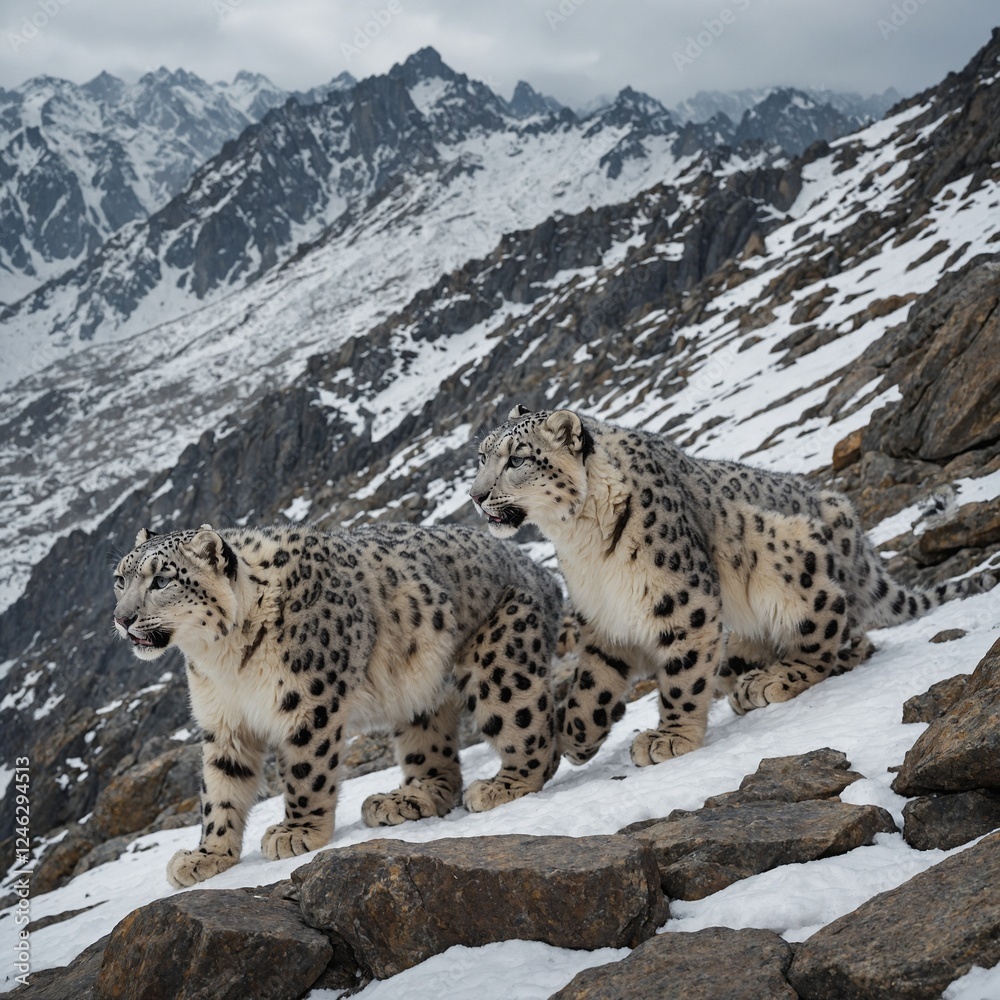 Snow leopards clashing on a rocky mountainside. Snow leopards clashing on a rocky mountainside.