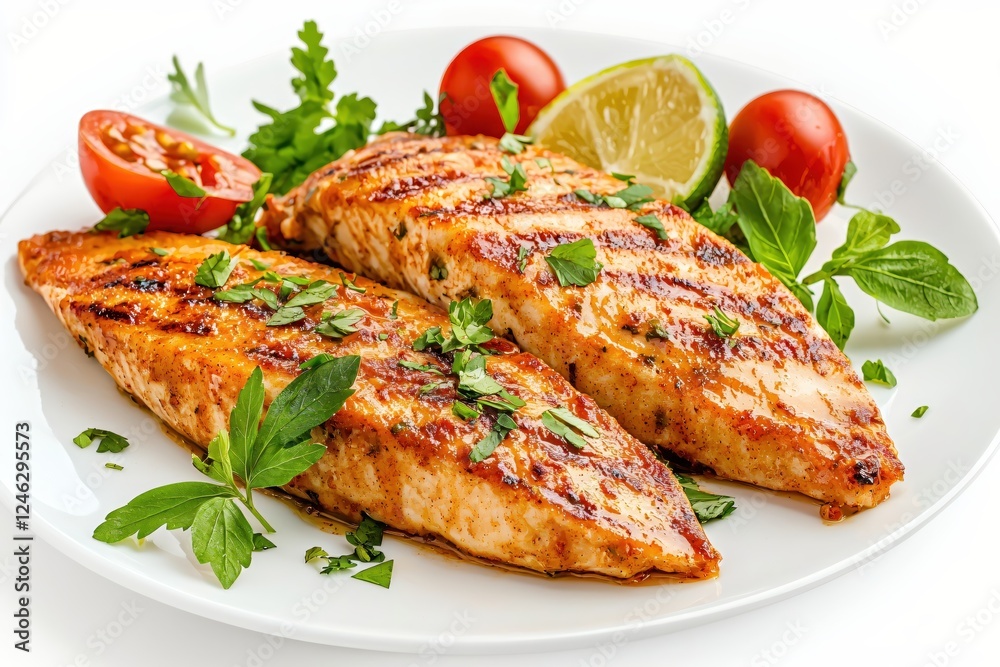 Grilled Chicken Breast Fillets with Fresh Herbs and Cherry Tomatoes on a White Plate Grilled Chicken Breast Fillets with Fresh Herbs and Cherry Tomatoes on a White Plate