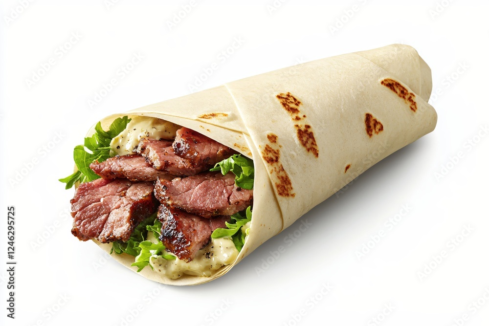 Delicious steak wrap with fresh arugula and creamy sauce on a bright white background Delicious steak wrap with fresh arugula and creamy sauce on a bright white background