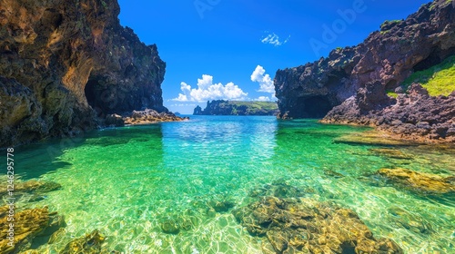 Wallpaper Mural Island cove, turquoise water, volcanic rock, sunny day, travel Torontodigital.ca