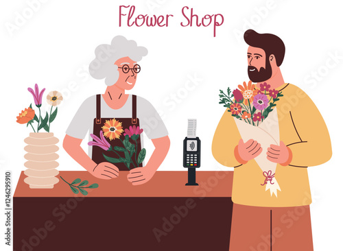 Elderly woman florist selling bouquet to young man with beard. Flower shop vector illustration