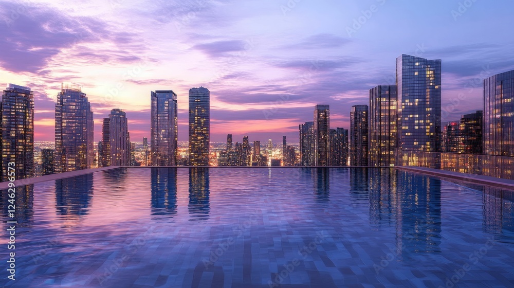 Fototapeta premium City skyline reflected in rooftop pool at dusk.