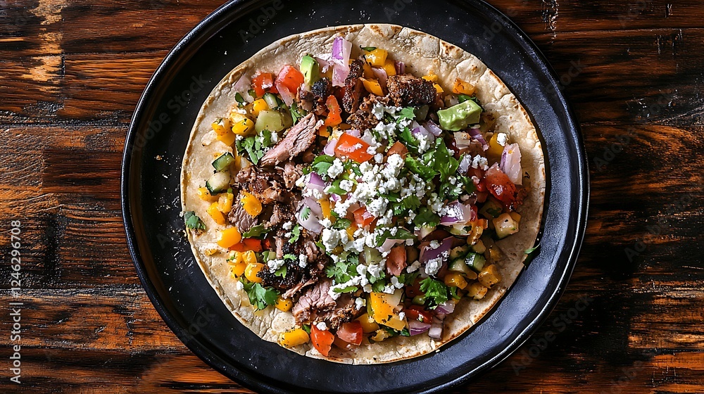 Authentic Mexican taco with grilled steak, fresh vegetables, and cheese served on a rustic wooden table
Authentic Mexican taco with grilled steak, fresh vegetables, and cheese served on a rustic wooden table