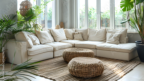 Wicker and fabric pouf near white corner sofa. Minimalist interior design of modern living room