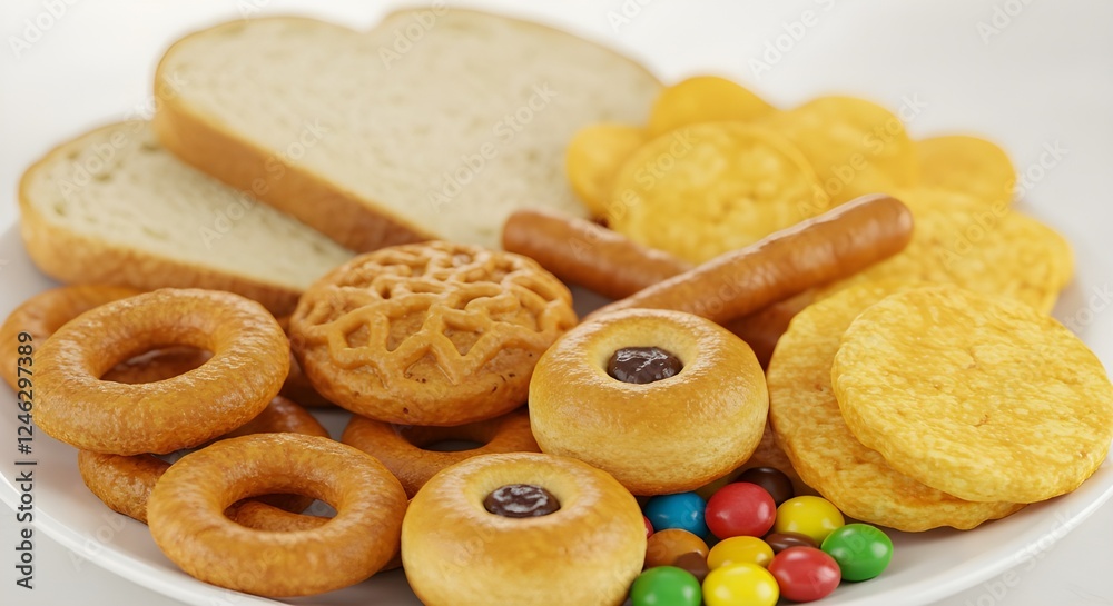 A tempting assortment of snacks including donuts, cookies, pretzels, bread, and colorful candies